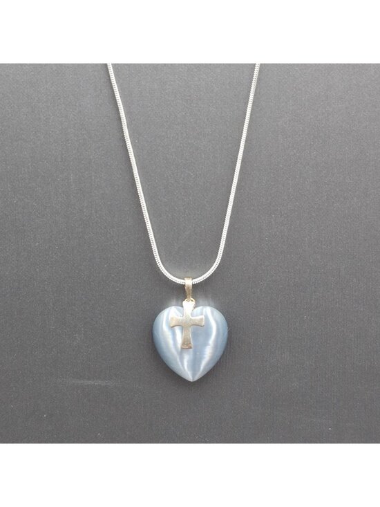 Unbranded Jewelry - Sterling Silver Cats Eye Quartz Heart Cross Pendant Necklace 24" Snake Chain